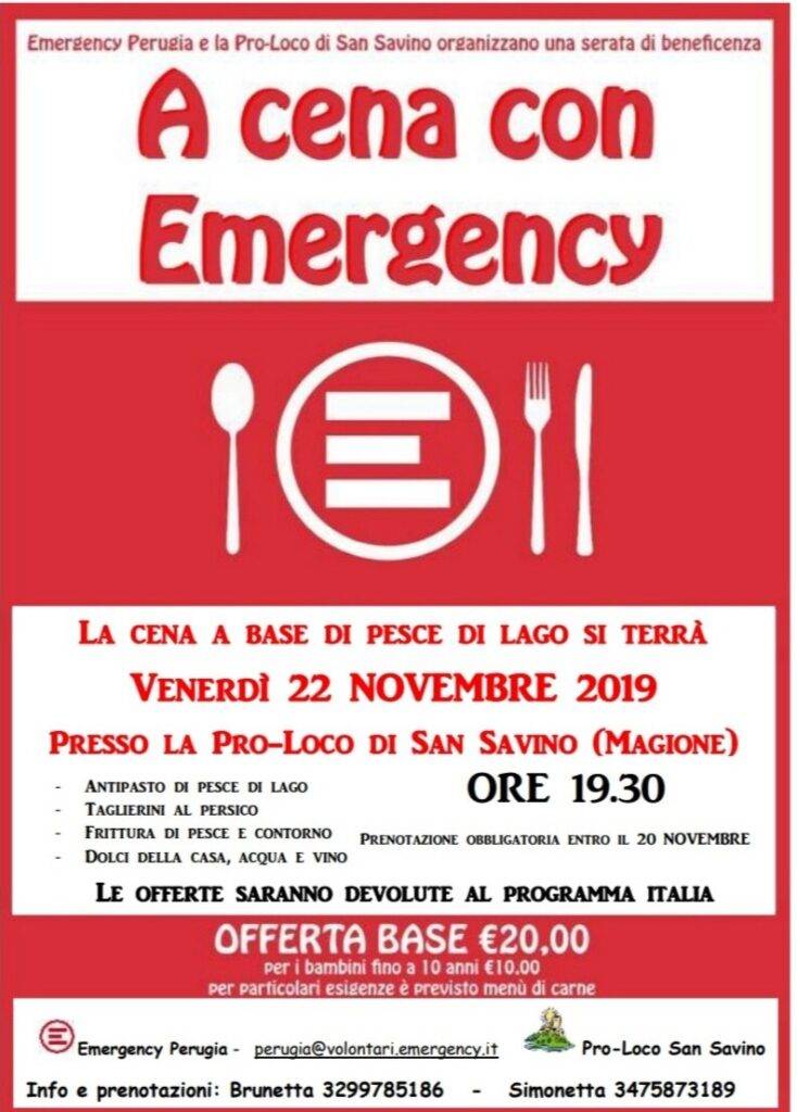 Magione, venerdì 22 novembre tutti "A cena con Emergency"