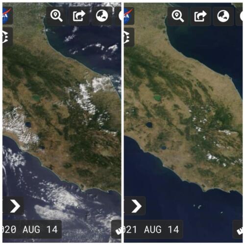 Le aree verdi in Umbria il 14 agosto 2020 e il 14 agosto 2021 da una foto satellitare